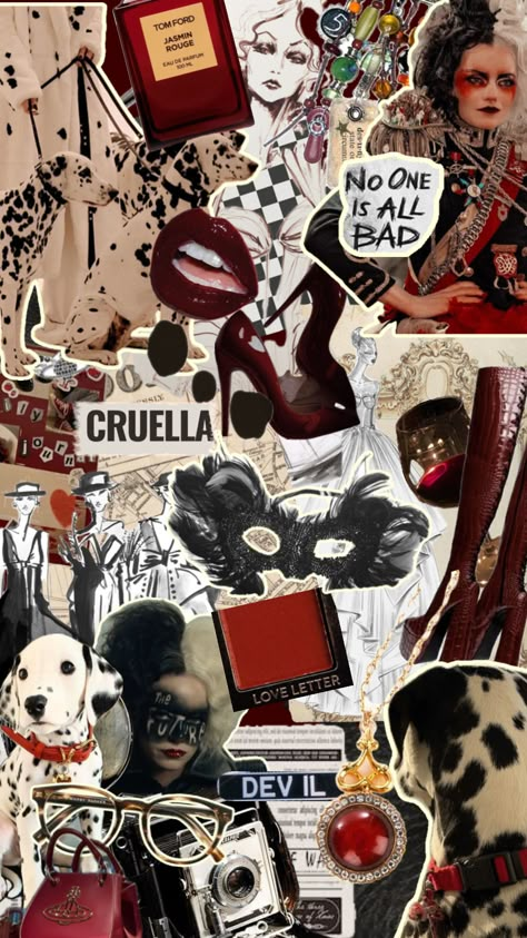 Cruella mood board/wallpaper 🐾 #fashion #design #wallpaper #cruella #moodboard #inspo #dalmation #vouge #makeup Cruella Aesthetic Wallpaper, Cruella Moodboard, Cruella Deville Wallpaper, Cruella Deville Aesthetic, Spooky Moodboard, Wallpaper Fashion Design, Cruella Wallpaper, Cruella Style, Fashion Design Wallpaper