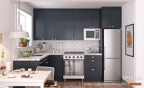 Small L-Shaped Navy Blue Kitchen Cabinet OP18-L04- OPPEIN | The Largest Cabinetry Manufacturer in Asia Flatlet Ideas, Ohana House, Small L Shaped Kitchen, Designer Kitchen Cabinets, L Shaped Kitchen Cabinets, Green Kitchen Cabinet, Small L Shaped Kitchens, Blue Green Kitchen, L Shaped Kitchen Designs