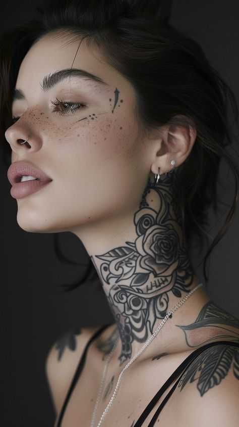 tattoo Front Of Neck Tattoos Women, Neck Tattoo Woman, Womens Neck Tattoos, Tattoo Woman Face, Women Neck Tattoo, Simple Neck Tattoos, Throat Tattoos, Nose Tattoo, Neck Tattoo Ideas