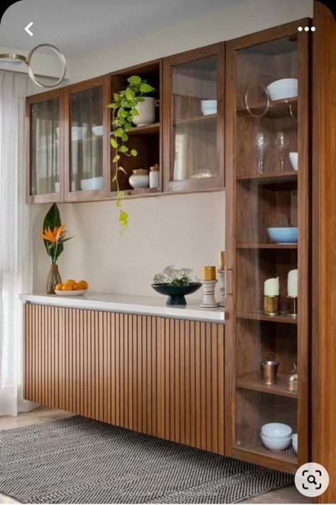 Crockery Cabinet In Kitchen, Wooden Crockery Cabinet, Wooden Crockery Unit Design, Crockery Cabinet Design Dining Rooms Cupboards, Dining Crockery Unit Design, Small Hall Interior Design Indian, Kitchen Crockery Unit Design, Crockery Designs, Crockery Unit Design Dining Rooms