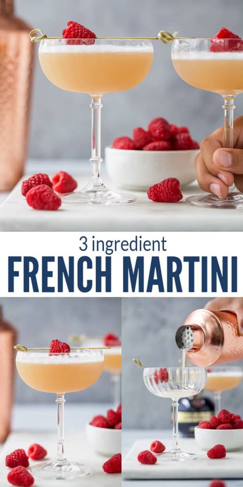 Are you looking for a fun, easy cocktail to make for your next happy hour? This 3 Ingredient French Martini comes together with a few shakes of vodka, Chambord, and pineapple juice. It's sure to impress your friends when you show up with this sophisticated and refreshing cocktail. #cocktailrecipe #martinirecipe #martinis #frenchmartini #cocktails #vodkarecipe Martini With Pineapple Juice, Easy Fun Martinis, Fruity Martini Recipes Vodka, Good Martini Recipes, Pitcher Martini Recipe, Refreshing Martini Recipes, French Martini Chambord, Different Martini Recipes, Martini Recipes Fruity