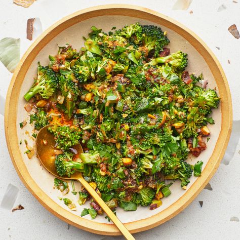 Broccoli Spoon Salad With Warm Vinaigrette Recipe | Bon Appétit Sticky Dates, Toasted Pistachios, Easy Broccoli Recipes, Spoon Salad, Raw Pistachios, Make Ahead Salads, Salad Recipe Ideas, Raw Broccoli, Starch Solution