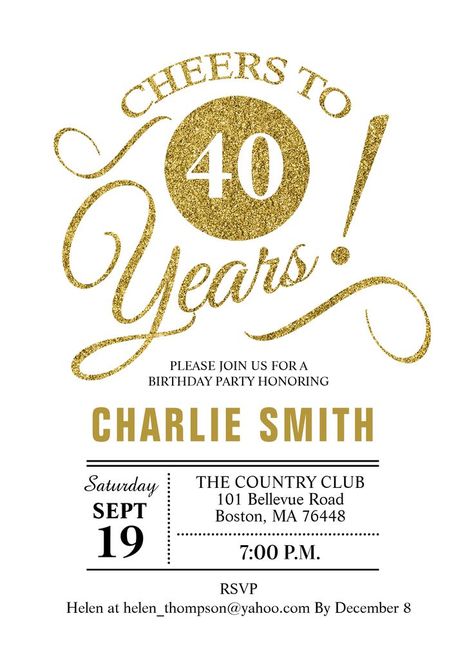 40th birthday party invitation in faux glitter gold and white. Features classy typography script font. Cheers to 40 years! Can be personalized into any age. Perfect for a stylish women's bday celebration Gold White Invitation, Cheers To 40 Years, Bday Celebration, 40th Birthday Party Invites, White Invitation, 80th Birthday Invitations, 40th Birthday Party, 40th Birthday Invitations, 80th Birthday Party