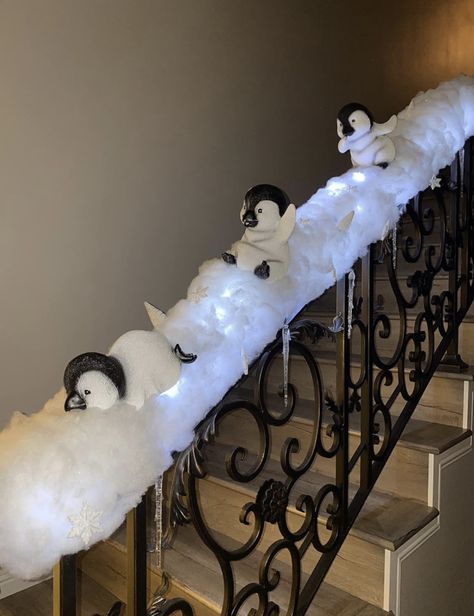 Christmas Banister, Christmas Stairs Decorations, Snow Decorations, Fluffy Snow, Christmas Stairs, Penguin Decor, Snow Theme, Winter Wonderland Theme, Fake Snow