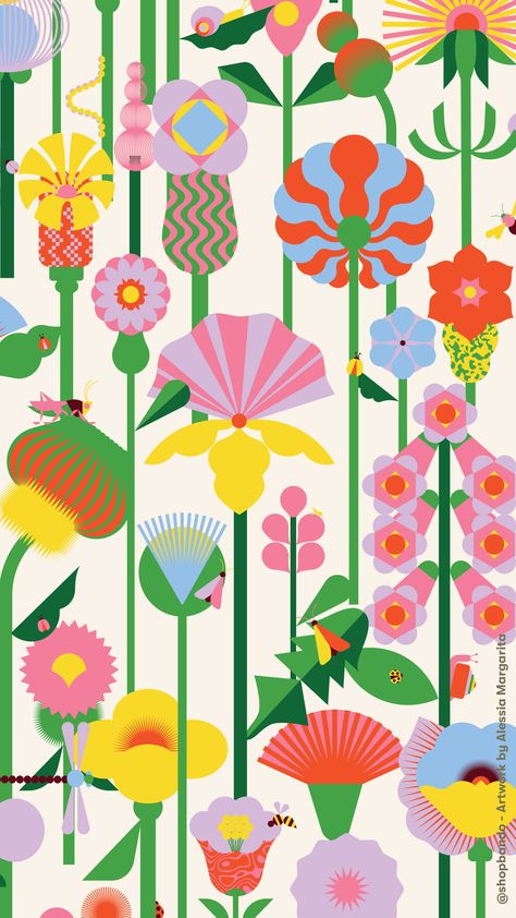 cream background with colorful multiple geometric flowers illustrated with all different colors Almond Ideas, Geometric Floral Wallpaper, Floral Phone Wallpaper, Flower People, Kawaii Drawing, Wallpaper Colorful, Clara Bow, Pattern Design Inspiration, Wallpaper Dekstop