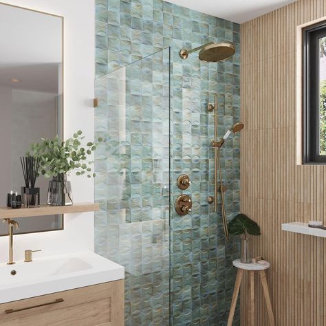 Luna Arc Sky 4x4 Ceramic Square Tile | Blue Wall Décor Shower Floor And Wall Tile Combos, Bathroom Forest Theme, Teal Shower Tile, Green And Wood Bathroom, Shower Feature Wall, Forest Bathroom, Blue Shower Tile, Brass Faucets, Teal Bathroom