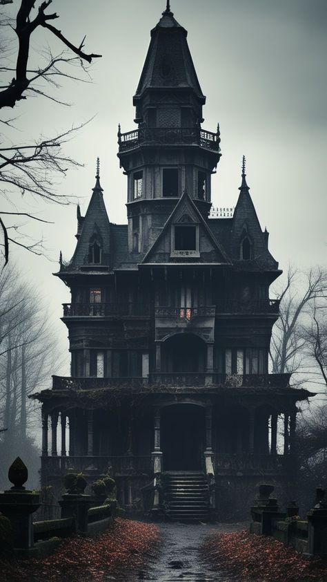 Gothic Style Buildings, Gothic House Aesthetic Exterior, Gothic Hotel Room, Modern Gothic Mansion, Creepy House Aesthetic, Black Gothic House, Gothic Castle Exterior, Goth House Exterior, Victorian Gothic House Exterior