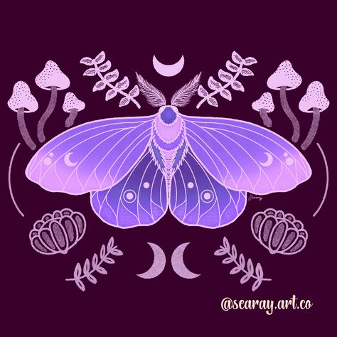 Moth And Mushroom Art, Purple Mushroom Art, Mushroom Moth Tattoo, Purple Mushroom Aesthetic, Moon Moth Wallpaper, Cute Moth Art, Cute Moth Drawing, Luna Moth Drawing, Moth Drawings