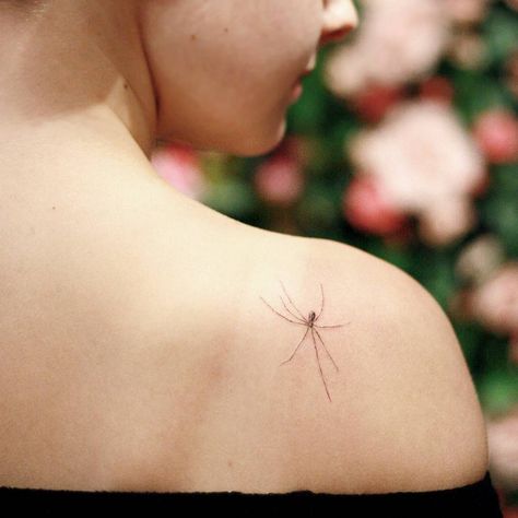 Spider tattoo on the right side ribcage. Elegant Spider Tattoo, Fineline Spider Tattoo, Delicate Spider Tattoo, Spider Tatoos Woman, Unique Spider Tattoo, Spider Collar Bone Tattoo, Dainty Spider Web Tattoo, Small Spider Tattoo Simple, Spider Tattoo Women