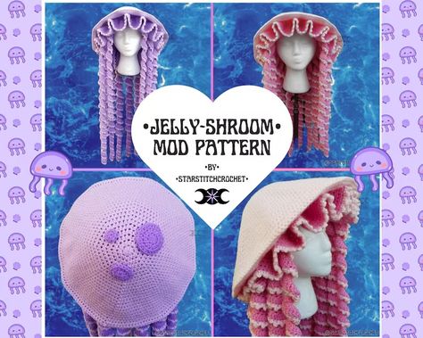 Crochet Jelly-shroom Mod Hat Pattern mod ONLY - Etsy Jellyfish Hat Crochet Pattern, Crochet Clothes For Amigurumi, Crochet Jellyfish Hat, Weight 3 Yarn Crochet Patterns, Crochet Cosplay, Cotton Crochet Patterns, Things To Crochet, Crochet Hats Free Pattern, Kawaii Crochet