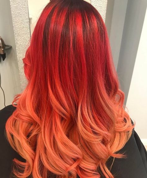 Red and orange balayage Ombré  Pravana  Colour melting  Red hair Fire orange  Coral   Blush blonde Red And Coral Hair, Red And Orange Balayage, Fire Hair Color Ombre, Red Orange Ombre Hair, Coral Red Hair, Orange Balayage, Red And Orange Hair, Fire Ombre Hair, Orange Ombre Hair