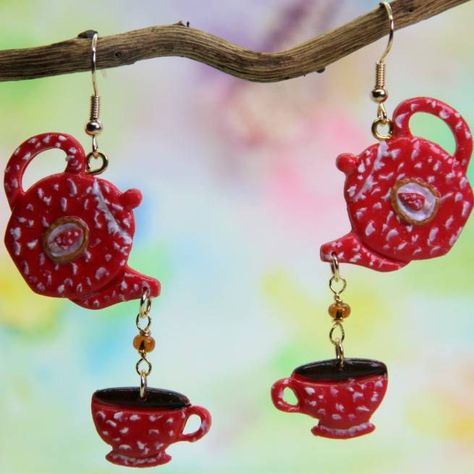 Tea Bag Earrings, Polymer Clay Teapot, Polymer Clay Tea Bag Holder, Teapot Polymer Clay Earrings, Teapot Clay, Tea Cup Earrings, Teapot Earrings, Tea Earrings, Tea Party Crafts