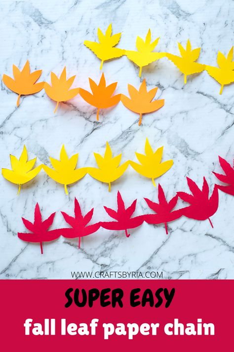 Super easy fall leaf chain paper craft for kids. Kids will love this beautiful maple paper leaf craft and they can stick several paper chains to make a fall garland craft. Perfect to do with preschoolers, kindergarteners, school age kids, at home and childcare#craftsbyria Autumn Leaves Paper Craft, Leaf Suncatcher For Kids, Fall Leaf Suncatcher Craft, Fall Leaves Wax Paper Craft, Leaf Suncatcher For Kids Wax Paper, Diy Leaf Garland, Fall Paper Crafts, Leaf Cutout, Fall Leaf Garland