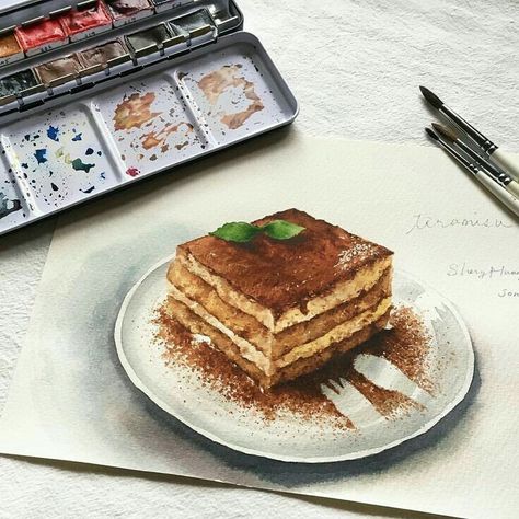 Tiramisu Illustration, Watercolor Food Illustration, Desserts Drawing, Food Art Painting, Watercolor Cake, Food Sketch, Food Illustration Art, Watercolor Food, Pastry Art