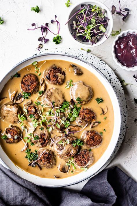 Swedish Meatballs | Healthy Little Vittles Meatball Mushroom, Vegan Swedish Meatballs, Vegan Comfort Food Recipes, Veggie Meatballs, Lentil Meatballs, Buttery Mashed Potatoes, Vegan Worcestershire Sauce, Vegan Meatballs, Vegan Parmesan Cheese