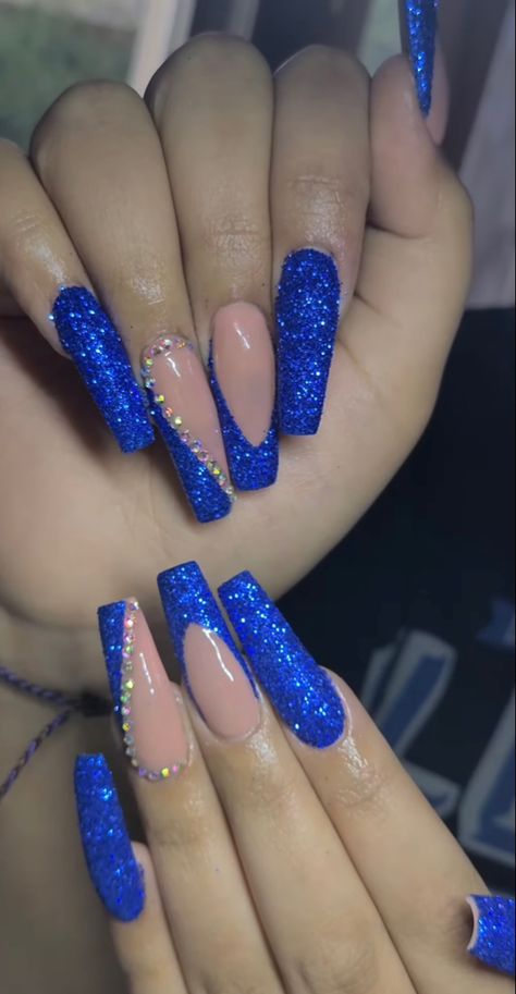 Blue Extra Nails, Dark Blue Homecoming Nails, Cute Royal Blue Nails, Royal Blue Nails For Prom, Nail Inspo Y2k, Dark Blue Nail, Blue Nail Inspo, Dance Nails, Blue Prom Nails