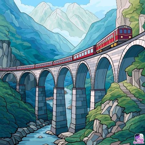 Hd Photos Free Download, Riverside Cottage, Zen Colors, Train Art, Color By Numbers, Landscape Drawings, Train Tracks, Nature Landscape, Happy Colors