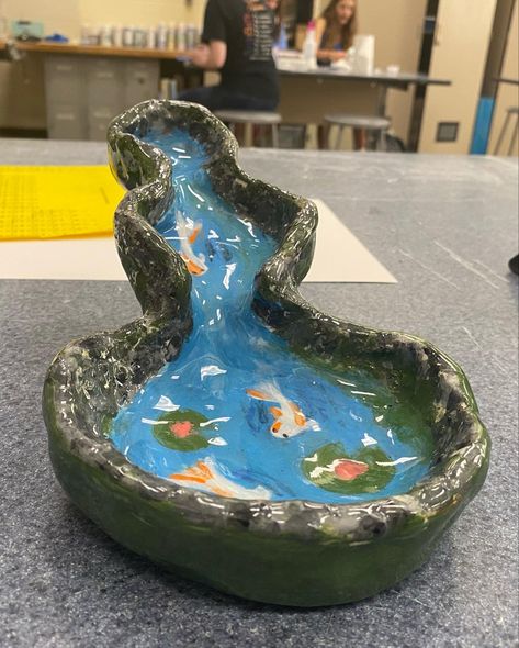 Clay Pond, Koi Fish Clay Sculpture, Clay Koi Pond, Clay Tray Pond, Koi Fish Bowl Pottery, Coy Pond, Creek Art, Koi Fish Pond, Diy Air Dry Clay