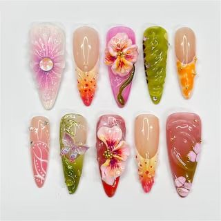 LilyNailsArt - Etsy Philippines Funky 3d Nails, Calm Nail Designs, Secret Garden Nails, Fun Vacation Nails Almond Shape, Flower Designs Nails, Garden Nails Design, Lotus Flower Nails, Tangled Nails, Flower Design Nail Art