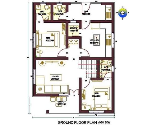 The architecture ground floor for plot size of 950 Sq Ft House Plan with east facing direction that shows 2 master bedrooms, kitchen, living room, store room and wash area. also has number of door and window marking detail. download house plan DWG file for collection of fabulous ideas that would serve as a good source of inspiration for new project drawing. 950 Sq Ft House, House Plans 2 Bedroom, Small Bedroom Layout, Modern House Floor Plans, Indian House Plans, 2 Bedroom House Plans, House Plans 3 Bedroom, House Construction Plan, Cad Blocks