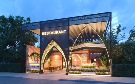 Beach Restaurant Design Exterior, Restraunt Design Exterior, Resturant Ideas Design Outdoor, Foodcourt Design Outdoor, Restaurant Facade Design Architecture, Restaurant Facade, Rooftop Restaurant Design, Restaurant Exterior Design, Cafe Exterior