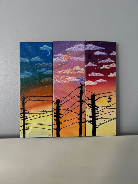 Bright Colour Painting, 7x14 Canvas Painting Ideas, Split Paintings Canvases, Set Of 3 Canvas Painting Ideas, 4 Piece Canvas Painting, Moon Painting Acrylic, Silk Painting Techniques, Canvas Art Painting Acrylic, Sunset Painting Acrylic