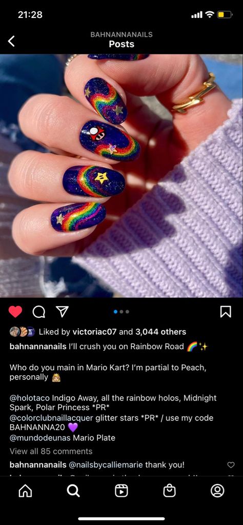 Rainbow Road Nails, Super Mario Nails, Mario Nails, Rainbow Road Mario Kart, Mario Star, Rainbow Road, Cute Gel Nails, Glitter Stars, Star Nails