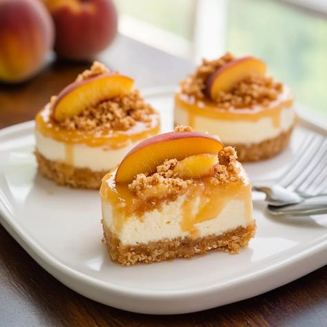 Mini Peach Cobbler Cheesecakes: Sweet & Creamy Dessert Bites Fruit Mini Cheesecake, Peach Cobbler Cheesecake Cupcakes, Mini Cobbler Recipes, Peach Cobbler Cheesecake Cups, Mini Peach Cobbler Cheesecake, Peach Cobbler Cheesecake Bites, Peach Cobbler Mini, Peach Cobbler Pie, Peach Topping