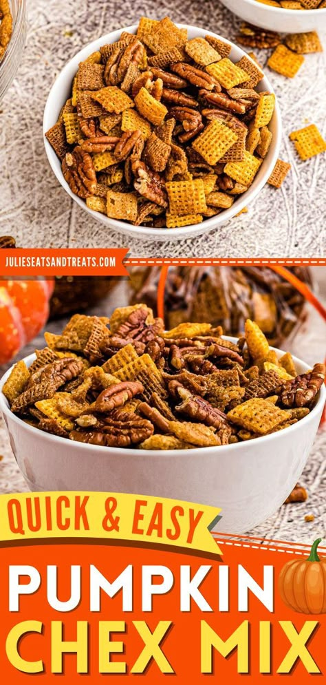 Pumpkin Chex Mix, fall, pumpkin Chex Mixes Recipes, Chex Mix With Pecans, Fall Chex Mix Recipes Easy, Pumpkin Snack Mix Recipes, Pumpkin Chex Mix Recipes, Chex Mix Recipes Original Ovens, Pumpkin Spice Snacks, Easy Cheap Thanksgiving Desserts, Fall Snacks Savory