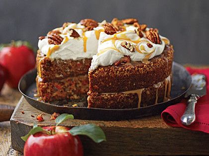 Apple-Pecan Carrot Cake Recipe | Carrot cake gets a fall makeover with our Apple-Pecan Carrot Cake recipe. Top a showstopping crown of Mascarpone Frosting with swirls of Apple Cider Caramel Sauce and a scattering of pecans. Caramel sauce, rather than frosting, sandwiches together the moist cake layers. Pecan Carrot Cake, Cider Caramel, Cake Fall, Fall Cake Recipes, Mascarpone Frosting, Fresh Apple Cake, Fall Cake, Spice Cake Recipes, Thanksgiving Cakes