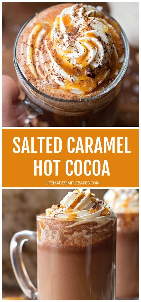 Whip up your own salted caramel hot cocoa at home with just 5 ingredients! It's quick, easy and extra amazing with a big dollop of homemade whipped cream. Mmmm! #saltedcaramelhotcocoa #hotcocoa #saltedcaramel #homemadewhippedcream #flavoredhotcocoa Salted Caramel Hot Cocoa, Caramel Hot Chocolate, Life Made Simple, Salted Caramel Hot Chocolate, Beverage Ideas, Homemade Hot Cocoa, Recipes With Whipping Cream, Hot Cocoa Recipe, Cocoa Recipes