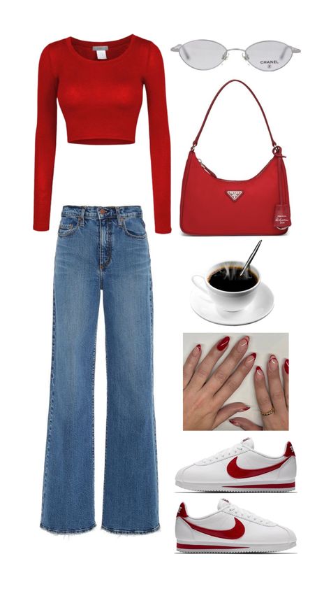 Red Outfit Korean, Red Outfit Casual, Valentine Outfits For Women, Korean Fashion Aesthetic, Simple Casual Outfits, Trending Fashion Outfits, Gameday Outfit, Simple Trendy Outfits, Red Outfit