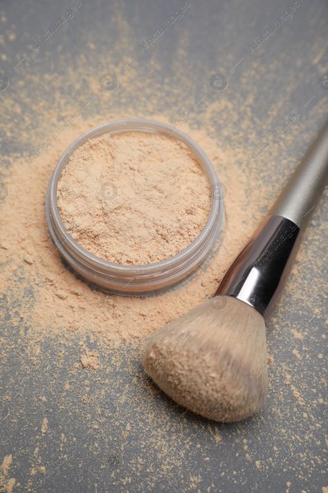 Loose face powder and makeup brush on grey background, above view Loose Powder Photography, Business Makeup, January 2025, Texture Color, Grey Background, Powder Foundation, Face Powder, Loose Powder, Gray Background