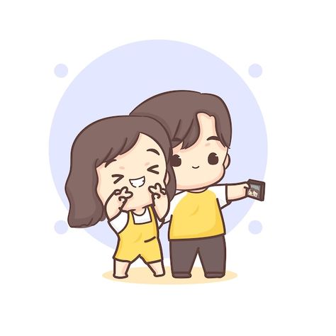 Couple Taking Selfie, Couple Cartoon Characters, Valentine Cartoon, Chibi Cartoon, Cartoon Character Illustration, Taking Selfie, Chibi Couple, Cartoons Love, Couple Illustration