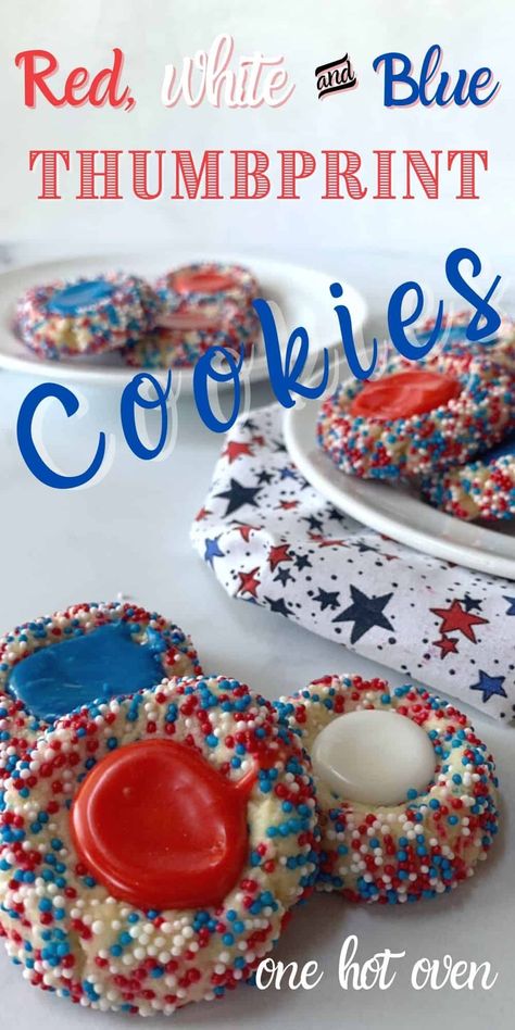 Sprinkle Thumbprint Cookies, Easy July 4th Desserts, 4th Desserts, Thumbprint Cookies With Icing, Patriotic Sugar Cookies, Thumbprint Cookie Recipe, Thumbprint Cookie, Easy Homemade Cookies, 4h Ideas