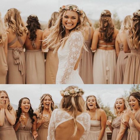 Poses For Bridal Party Group Shots, Bride Reveal To Bridesmaids, Wedding Photography Poses Family Group Shots Picture Ideas, Fun Bridesmaid Pictures, Bridesmaid And Groomsmen Pictures, First Look Bridesmaids, Wedding Photos Bridesmaids, Bridesmaid First Look, Wedding Party Photo Ideas