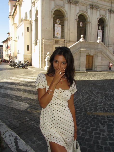 Rome dress pokadot Modest Outfits For Italy, Rome Inspo Pics, Rome Italy Outfits Summer, Rome Aesthetic Outfit, Outfits For Rome, Rome Outfits Summer, Rome Italy Outfits, Rome Girl, Summer In Rome