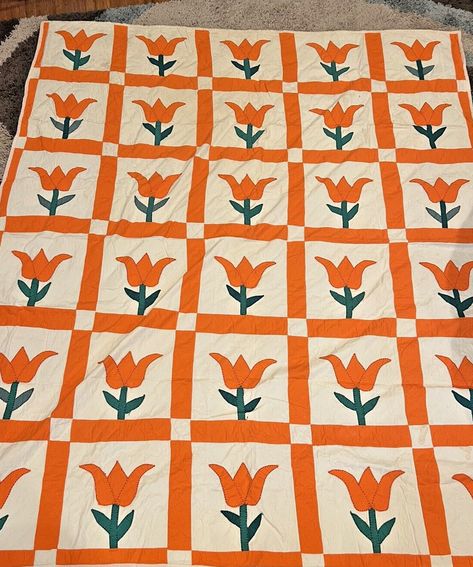 I just added a new item to eBay, Handmade  Tulip Quilt Large  80" x 67" Orange and White some staining! #eBay #eBaySeller Tulip Quilts, Tulip Quilt, Old Quilts, Linen Quilt, Bath Linens, Linen Textile, Ebay Seller, New Item, Quilt Patterns