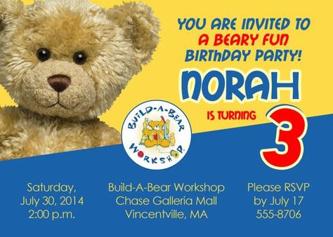 Build a Bear Birthday Barty Invitations Ideas for Cynthia Build A Bear Birthday Party, Workshop Invitation, Build A Bear Birthday, Bear Birthday Party Invitations, Build A Bear Party, Mickey Mouse Birthday Invitations, Teddy Bear Party, Bear Picnic, Invitations Ideas