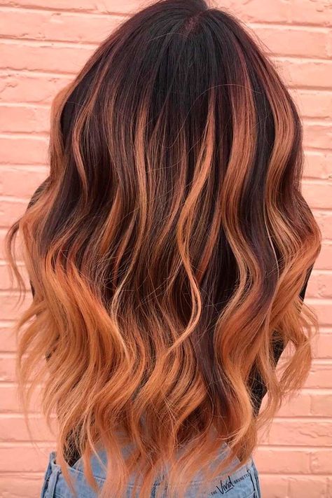 Beautiful Trends Of Dark Brown Hair Color ★ Dark Brown To Copper Ombre, Dark Brown To Ginger Balayage, Brown Hair Orange Highlights, Brown Hair With Colored Tips, Dark Brown And Copper Hair, Brown To Orange Ombre, Dark Brown Hair With Copper, Colour Blocking Hair, Brown Hair With Copper