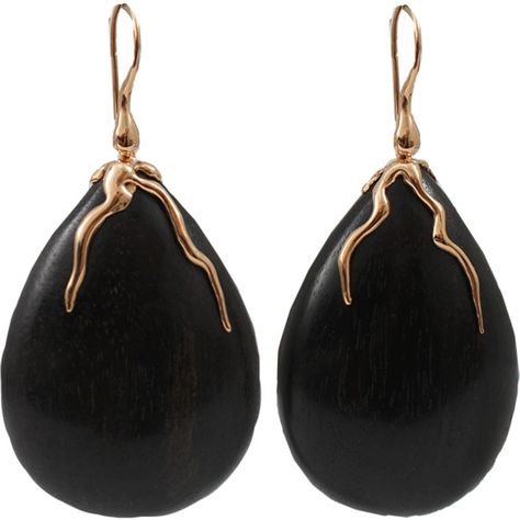 LUCIFER VIR HONESTUS Dark Amaranth Wood Drop Earrings (2 025 AUD) ❤ liked on Polyvore featuring jewelry, earrings, accessories, brincos, bijoux, rosegold, 18k earrings, drop earrings, dark jewelry and wooden earrings