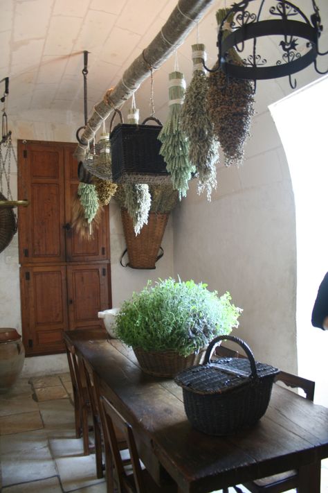 hanging dried herbs or lavendar in kitchen window--should dry in dark as light bleaches nutrients--nice diy drying pole. Hanging Herb Gardens, Kitchen Garden Window, Window Herb Garden, Easy Herbs To Grow, Hanging Herb Garden, Herb Garden Ideas, Hanging Herbs, Herb Garden In Kitchen, Natural Kitchen