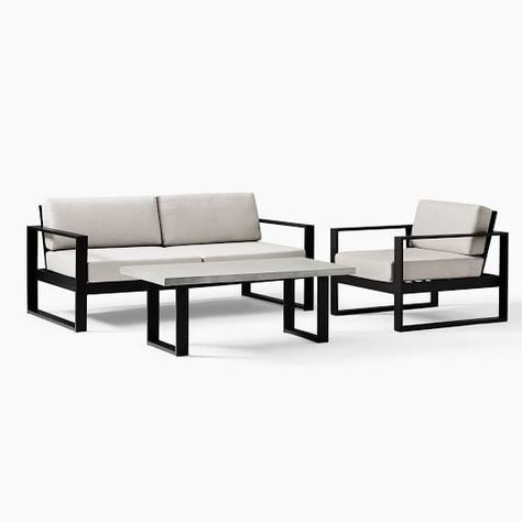 Patio Lounge Sets | West Elm West Elm Portside, Patio Lounge Furniture, Small Lounge Chairs, Small Lounge, Stylish Outdoor Furniture, Metal Sofa, Concrete Coffee Table, Rattan Lounge Chair, Aluminum Patio Furniture