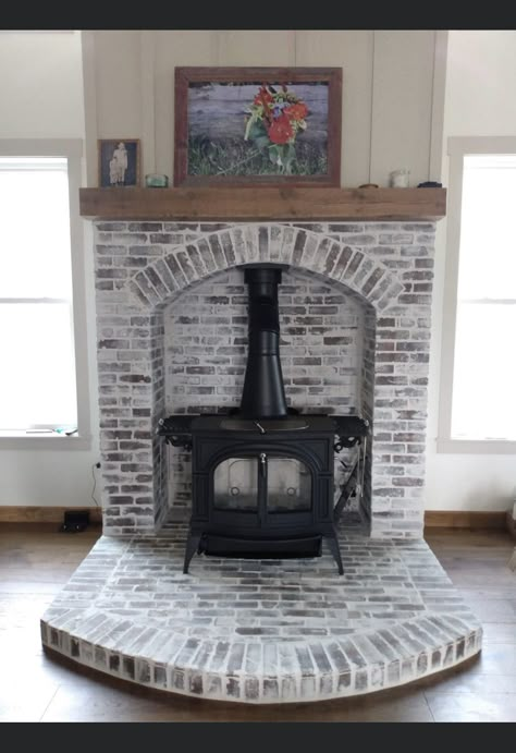 White Wash Brick Wood Stove, Brick Pellet Stove Hearth, Brick Woodstove Surround, Wood Stove Update, Wood Stove In A Fireplace, Brick Wood Stove Hearth, Wood Stove Brick Surround, Coal Stove Ideas Living Rooms, Wood Burning Stove Brick Surround