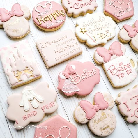 Disney Bachelorette Cookies, Subtle Disney Bridal Shower Ideas, Engagement Party Disney Theme, Disney Bridal Shower Cookies, Minnie Mouse Bridal Shower Ideas, Disney Themed Bridal Shower Decorations, Disney Wedding Shower Ideas, Disney Wedding Cookies, Bridal Shower Disney Theme