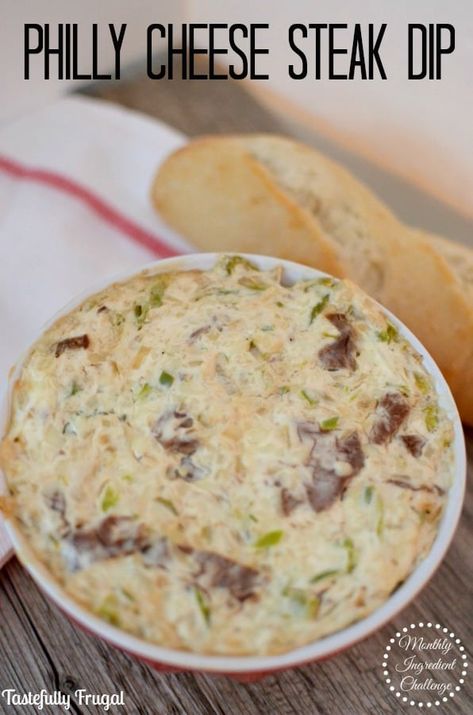 Philly Cheese Steak Dip - Tastefully Frugal Steak And Cheese Dip, Steak Dip, Philly Cheese Steak Dip, Steak And Cheese, Philly Cheese Steak Sandwich, Oven Safe Bowls, Cheese Steak Sandwich, Party Dip, Philly Cheese