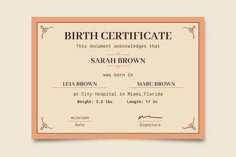 Birth Certificate Design, Vintage Certificate, Blank Id Cards, Fake Birth Certificate, Retro Template, Birth Certificate Template, Certificate Design, Date Of Birth, Business Video