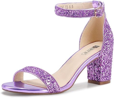 IDIFU Women's 3 Inch Heel Sandals for Women Concert Outfit Ideas Women, Homecoming Heels, Lilac Heels, Block Heels Wedding, Cute Black Heels, Heel Sandals For Women, Dress Shoes For Women, Purple High Heels, Silver Glitter Heels