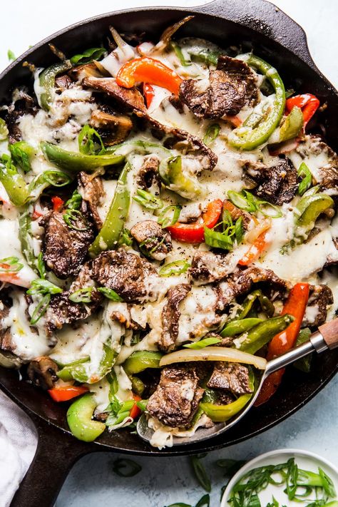 Philly Cheese Steak Skillet, Cheese Steak Skillet, Recipes With Steak, Steak Skillet, Steak Strips, Philly Cheese Steak Sandwich, Philly Cheesesteaks, Skillet Steak, Easy Dinners For Two