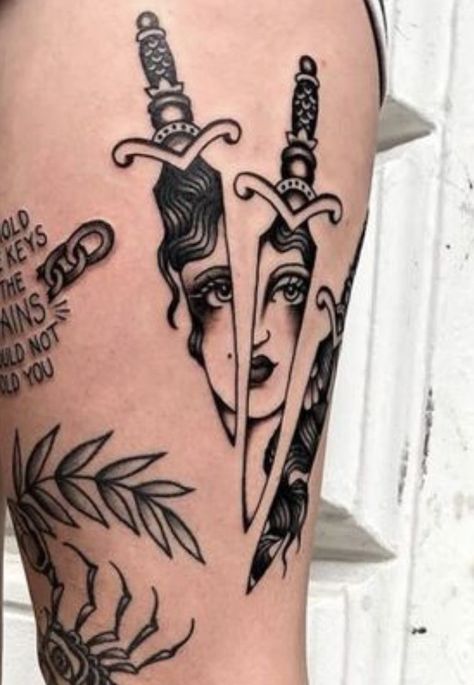 Alt Women Tattoos, Dagger Leg Tattoo, Women Traditional Tattoo, Meaningless Tattoos, Traditional Tattoo Leg Sleeve, Traditional Thigh Tattoo, Traditional Back Tattoo, Tattoos Abstract, Traditional Hand Tattoo